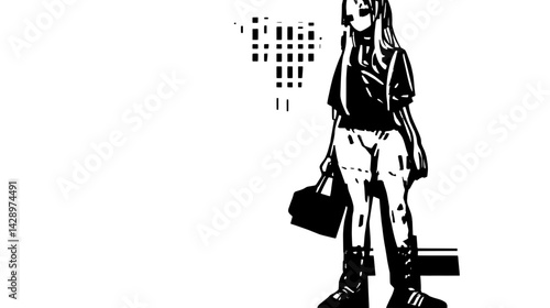 Walking through an urban landscape with a sense of purpose in a monochrome art style