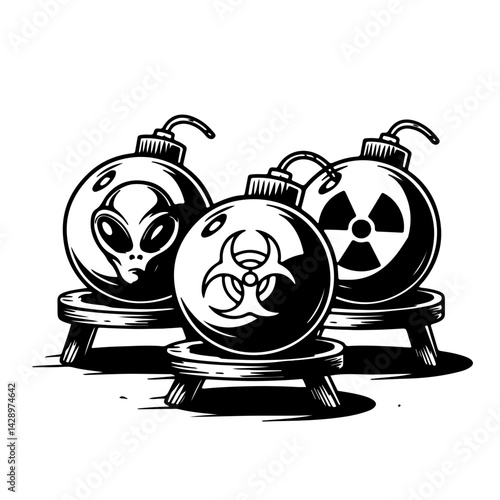 Dangerous Symbols: Biohazard Radioactive and aliens Icons on Bombs