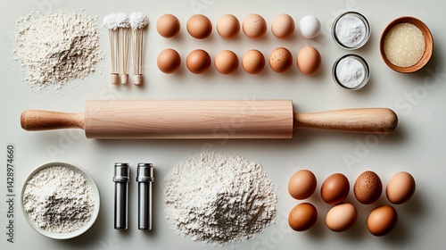 Fototapeta Naklejka Na Ścianę i Meble -  top-down image of cooking station: rolling pin, flour, eggs, sugar arranged in semicircle at bottom, open tabletop space at top part