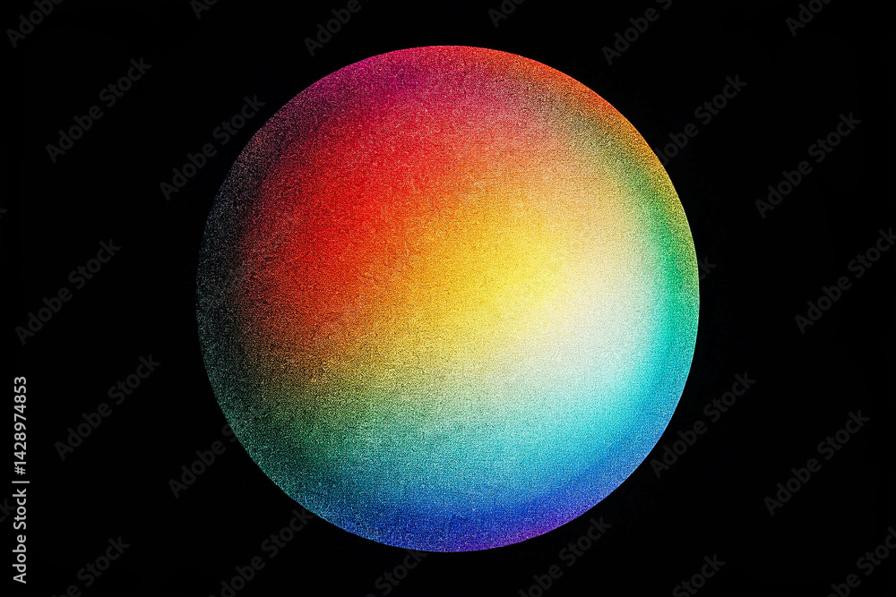 Colorful Gradient Sphere on Black Background, noise texture effect, large banner copy space ,abstract noise texture banner