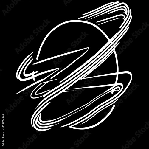 Creativity flows as bold white lines swirl around a stylized planet against a deep black backdrop, evoking cosmic wonder and artistic flair