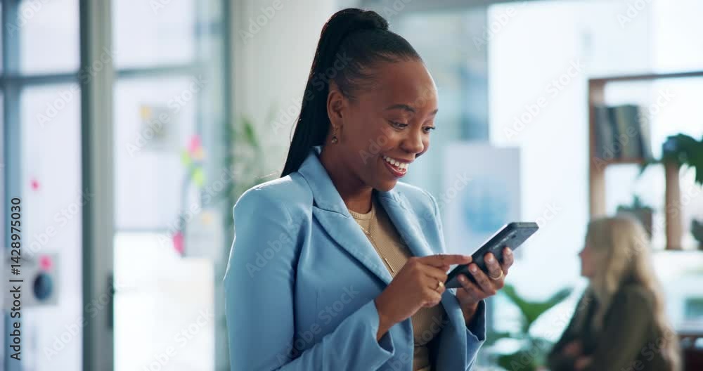 Browsing, surprised and woman with smartphone, business and marketing research on app, online or info. Office, social media coordinator and shocked by audience engagement on website, person and smile Browsing, surprised and woman with smartphone, business and marketing research on app, online or info. Office, social media coordinator and shocked by audience engagement on website, person and smile