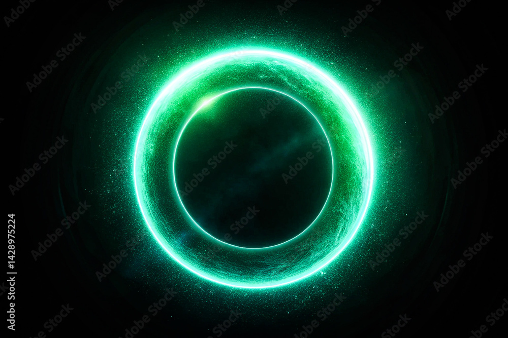 Glowing Green Circular Light on Dark Background, noise texture effect, large banner copy space ,abstract noise texture banner