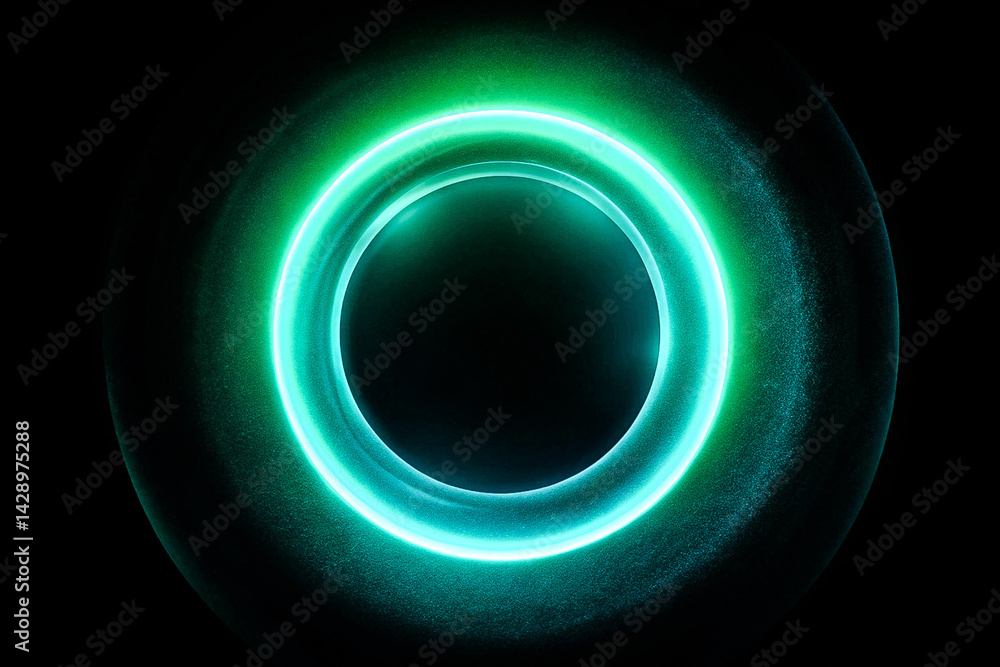 Glowing Green Circular Light on Dark Background, noise texture effect, large banner copy space ,abstract noise texture banner