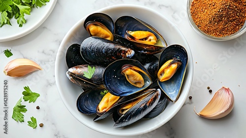 clean modern seafood setting: mussels in white bowl, garlic, herbs on marble countertop, right side blank for recipe copy