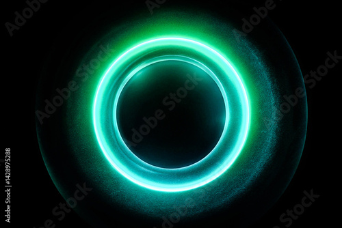 Glowing Green Circular Light on Dark Background, noise texture effect, large banner copy space ,abstract noise texture banner
