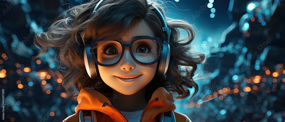 Young metaverse girl wearing headphones and glasses enjoying music in a futuristic city