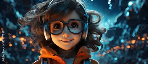 Obraz na płótnie Young metaverse girl wearing headphones and glasses enjoying music in a futuristic city w salonie
