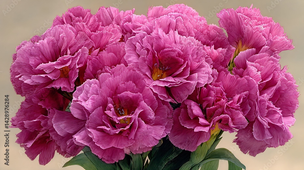 Fototapeta premium A bouquet of vibrant, ruffled pink flowers with green stems against a light background