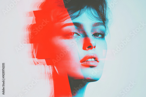 Artistic double exposure of woman with red and blue glitch effect