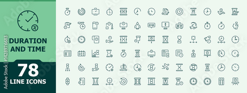 Duration icon set. Contains outline symbols like schedule, day, countdown, sandglass, calendar, time and more. Time simple icon set. Minimal icons pack. Pixel perfect. Editable vector.