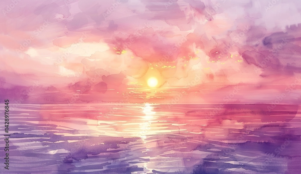 Romantic Sunset Over Calm Ocean in Watercolor Style Romantic Sunset Over Calm Ocean in Watercolor Style