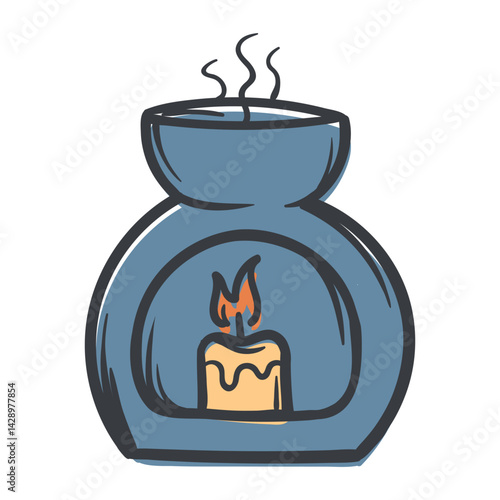 Aroma lamp with a candle. Vector illustration for sticker, icon, print. Simple Hand Drawn Image Isolated on White Background