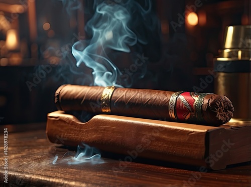 A Refined Lounge Setting: Cigar Smoke and Red Leather Chairs in a Luxurious Atmosphere