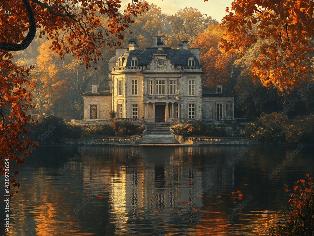 Fototapeta premium Autumnal manor by a tranquil lake