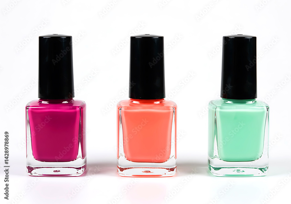 Three Vibrant Nail Polish Bottles Against a White Background Three Vibrant Nail Polish Bottles Against a White Background