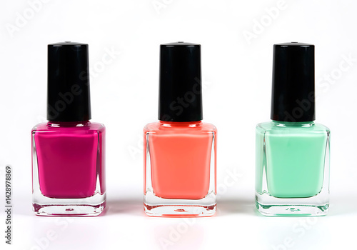 Three Vibrant Nail Polish Bottles Against a White Background