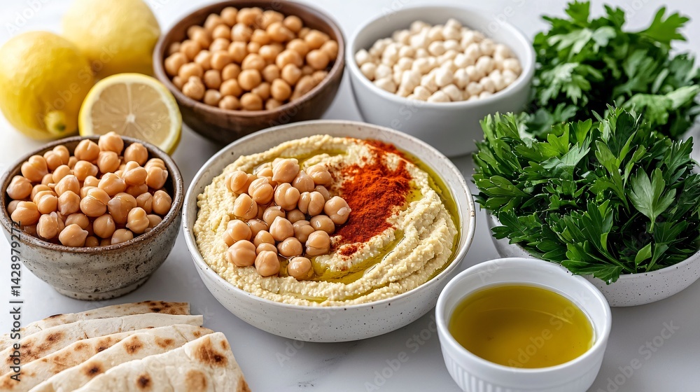 middle eastern mezze ingredients: hummus, chickpeas, olive oil, garlic, lemon, paprika, parsley and pita bread arranged top-down on clean kitchen counter, perfect for recipe blogs or branding middle eastern mezze ingredients: hummus, chickpeas, olive oil, garlic, lemon, paprika, parsley and pita bread arranged top-down on clean kitchen counter, perfect for recipe blogs or branding