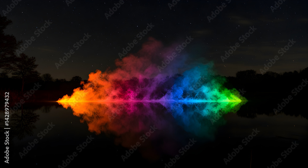 Naklejka premium Colorful Mist Reflecting On Serene Lake at Night Under Starry Sky