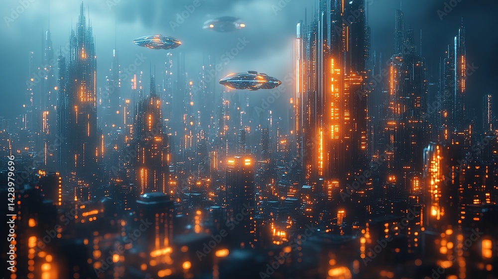 Fototapeta premium Futuristic Metropolis: Flying Saucers Over a Glowing Cyberpunk C