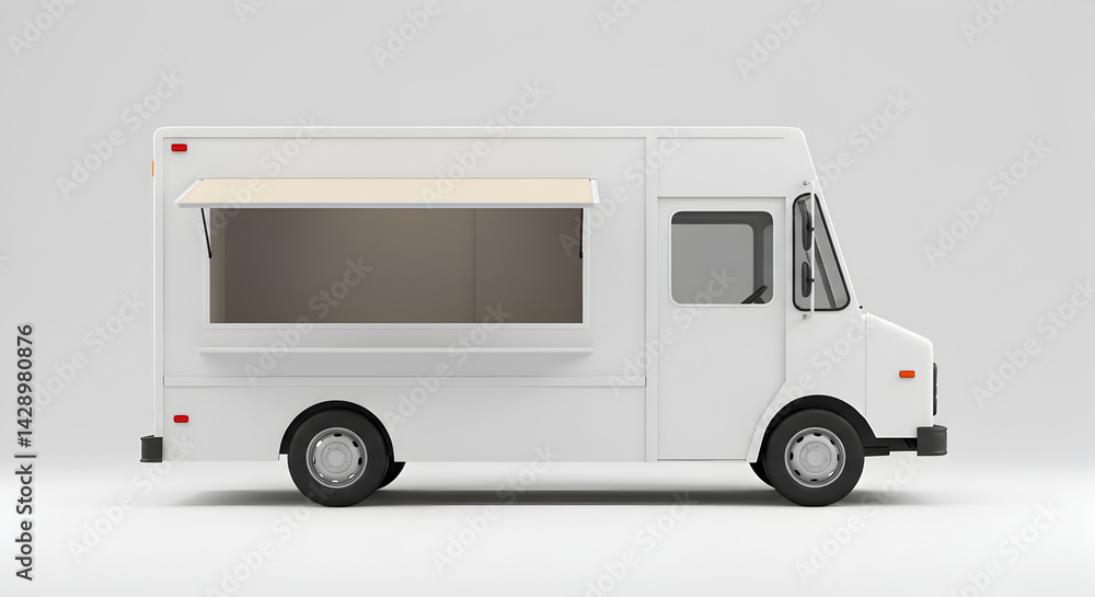 Naklejka premium White Food Truck Illustration with Awning Detail Urban Mobile Kitchen and Delivery Vehicle on Isolated Background