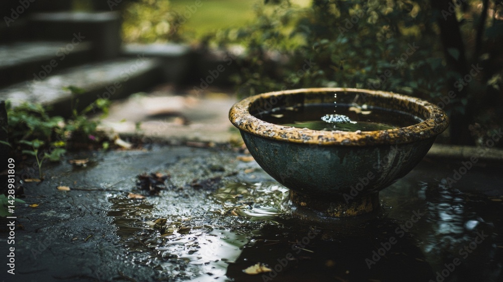 Garden fountain with water drops and serene stone bowl Garden fountain with water drops and serene stone bowl