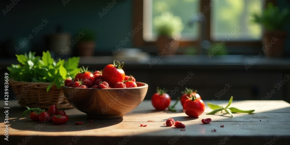Sunlit Wooden Bowl Overflowing with Fresh Summer Raspberries and Tomatoes on Rustic Table Sunlit Wooden Bowl Overflowing with Fresh Summer Raspberries and Tomatoes on Rustic Table