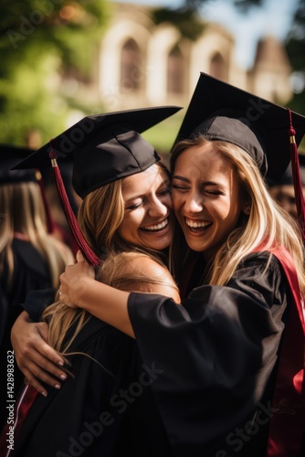 Happy graduates embrace on campus