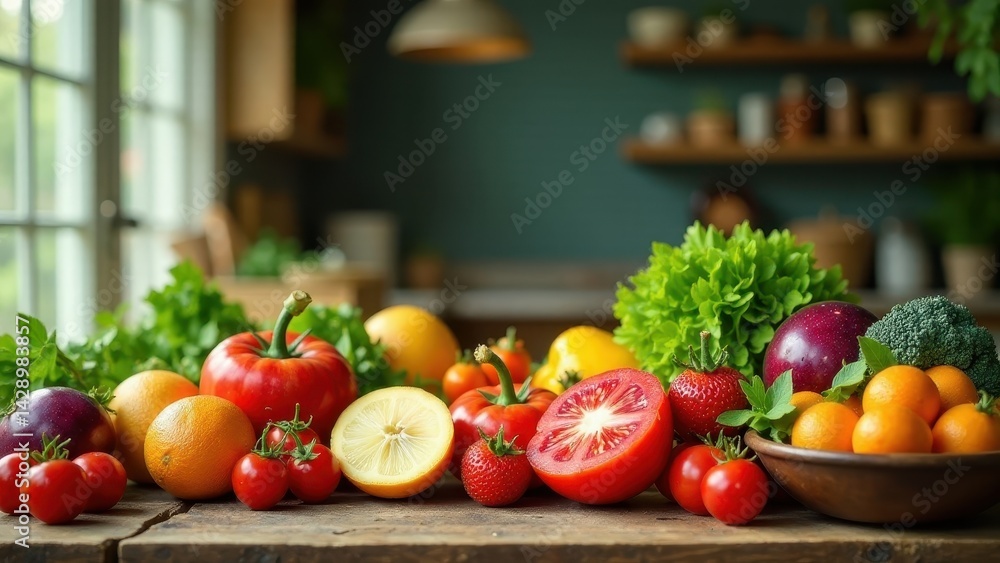 A vibrant array of fresh produce, including juicy tomatoes, bright citrus fruits, and leafy greens, rests on a rustic wooden table in a sunlit kitchen. A vibrant array of fresh produce, including juicy tomatoes, bright citrus fruits, and leafy greens, rests on a rustic wooden table in a sunlit kitchen.