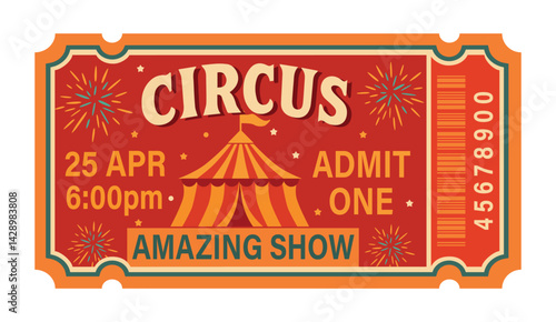 Circus ticket. Vector flat bright template, horizontal ticket in vintage style, simple style, color palette red beige yellow