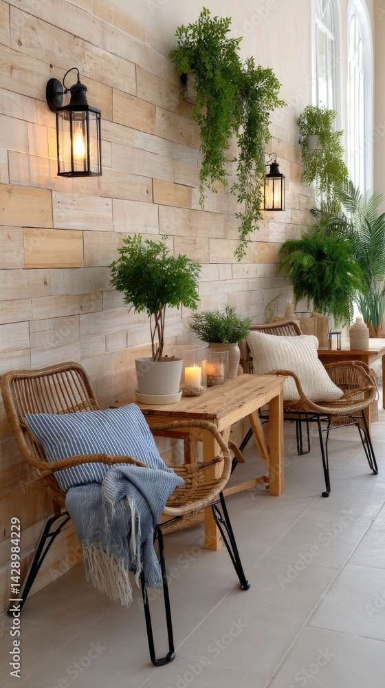 Obraz premium Modern wooden terrace adorned with rattan chairs and green plants, illuminated by garlands, ideal for a cozy summer evening relaxation