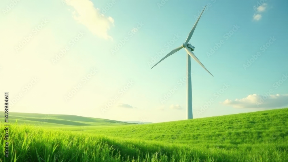 Fototapeta premium Serene landscape featuring a wind turbine gracefully positioned amidst rolling green hills under a bright sky.