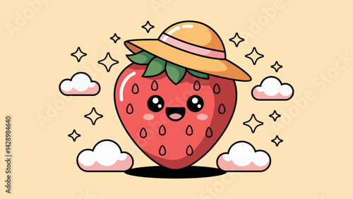 Kawaii and cute strawberry mascot with summer attributes