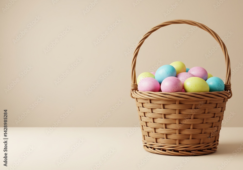 Naklejka premium 春の穏やか光、優しく彩るパステル色のイースターエッグがたっぷり入ったカゴ