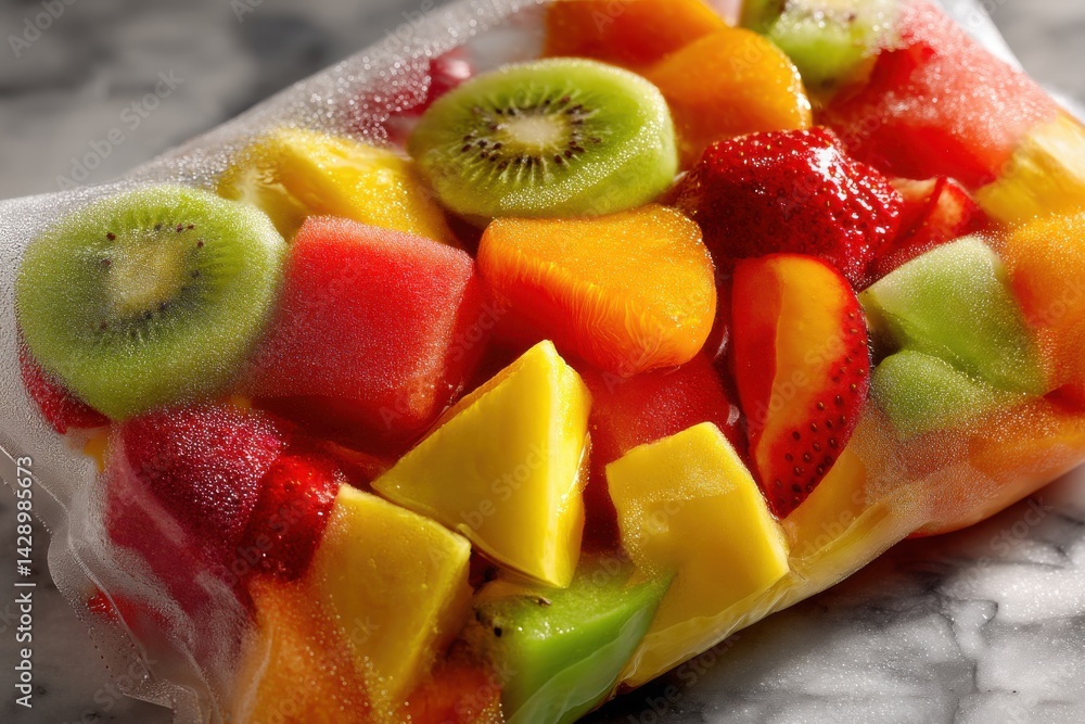 A vibrant close-up of fresh mixed fruit salad in a plastic bag, showcasing colorful kiwi, strawberry, watermelon, mango and cantaloupe for healthy snacking and meal prep. A vibrant close-up of fresh mixed fruit salad in a plastic bag, showcasing colorful kiwi, strawberry, watermelon, mango and cantaloupe for healthy snacking and meal prep.