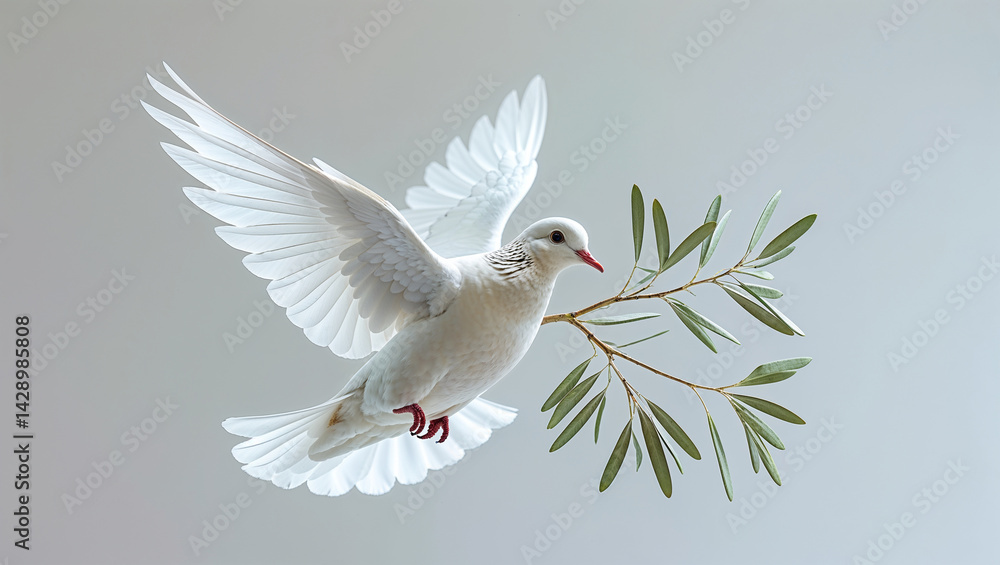 Fototapeta premium White dove flying with olive branch symbolizing peace and hope in the sky