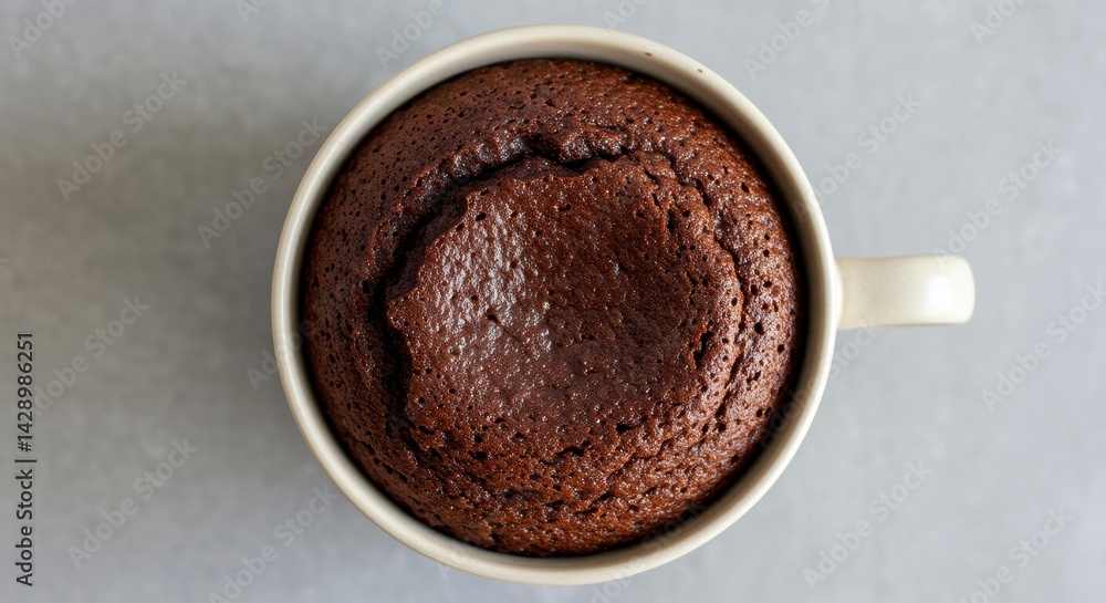 Overhead shot of chocolate lava cake in a mug, a warm dessert concept for valentine day and sweet treat ideas, indulgent homemade baked goods, easy recipe Overhead shot of chocolate lava cake in a mug, a warm dessert concept for valentine day and sweet treat ideas, indulgent homemade baked goods, easy recipe
