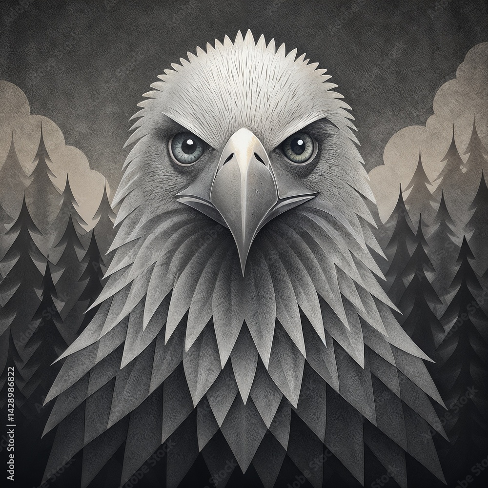 Majestic eagle illustration with intense gaze against a forest background