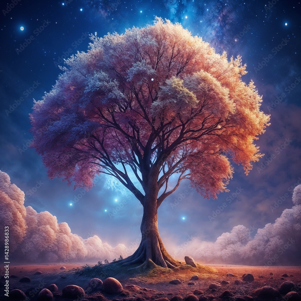 Enchanted tree glowing under a starry night sky