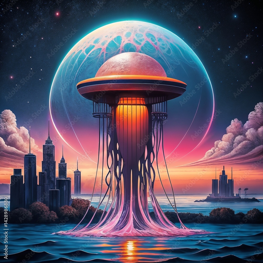 Surreal jellyfish with planet on top rising above city skyline