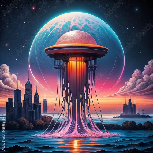 Obraz na płótnie Surreal jellyfish with planet on top rising above city skyline w salonie