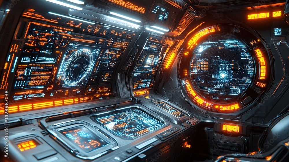 Futuristic Spaceship Cockpit with Glowing Orange Accents and Com Futuristic Spaceship Cockpit with Glowing Orange Accents and Com