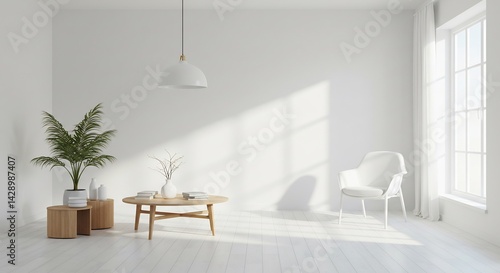 白く輝く空間、穏やかな光が差し込む部屋、木と白の調和