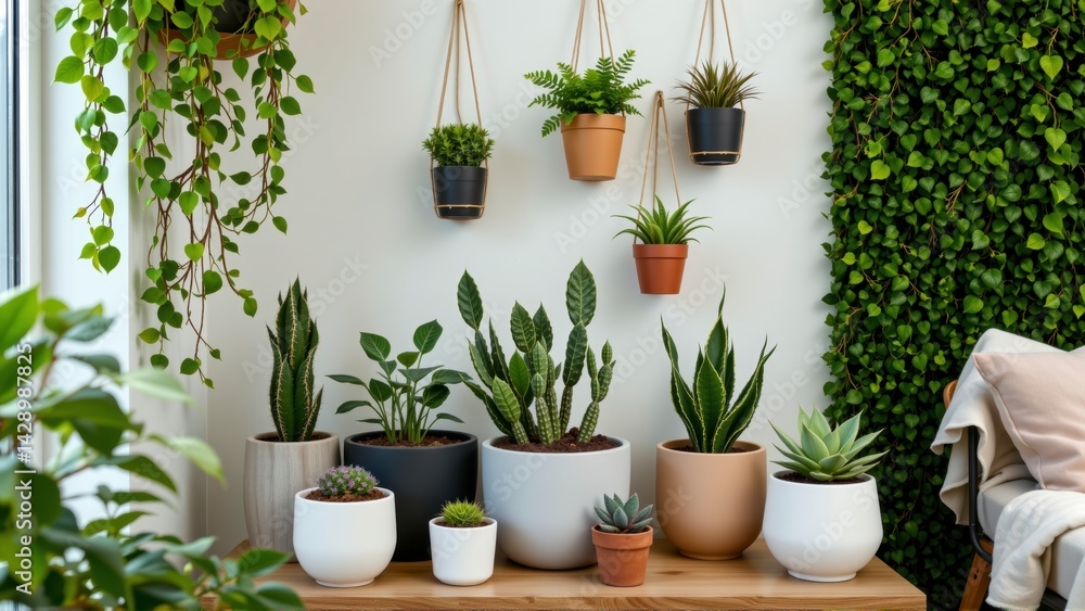 Fototapeta premium Indoor Garden with Various Potted Plants and Greenery Against a Bright Wall