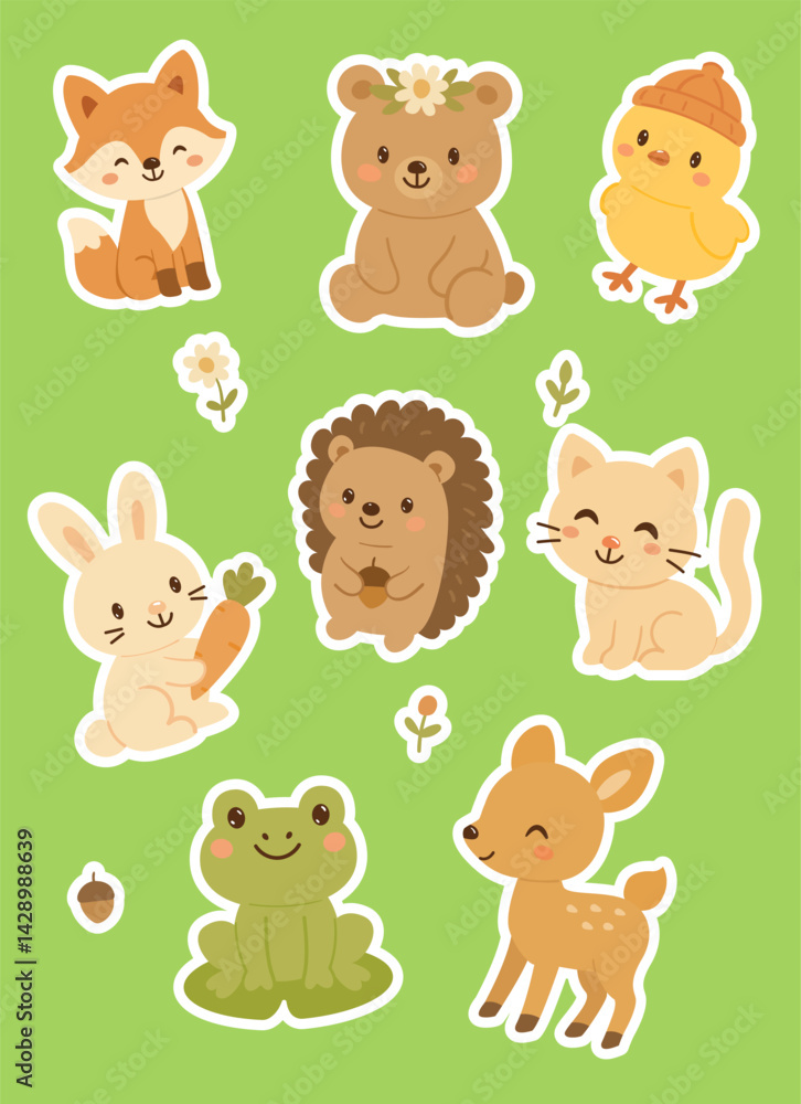 Baby animal set stickers. Design for print and decoration child clothe or books. Hand drawn baby characters and flowers. Vector illustration on green background. Hight quality baby animals Baby animal set stickers. Design for print and decoration child clothe or books. Hand drawn baby characters and flowers. Vector illustration on green background. Hight quality baby animals