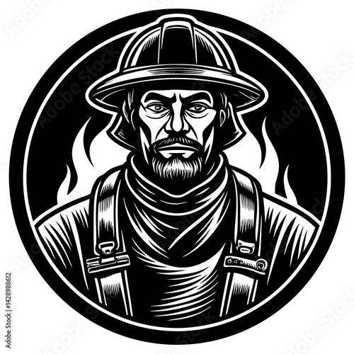 Firefighter portrait with determination against flames background  