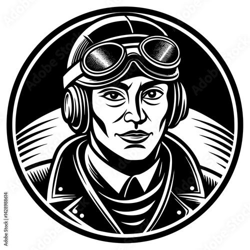 Vintage pilot portrait wearing goggles in circular design  