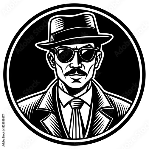 Detective in Sunglasses Wearing a Suit Against a Black Background  