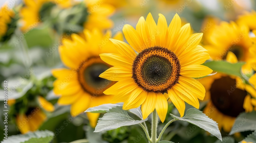 Fototapeta premium Close-up of a beautiful sunflower in full bloom showcasing its bright yellow petals and center in natural light
