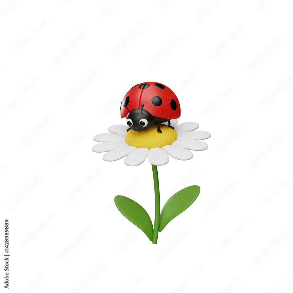Ladybug Crawling on Daisy Flower in 3D Rendering Ladybug Crawling on Daisy Flower in 3D Rendering